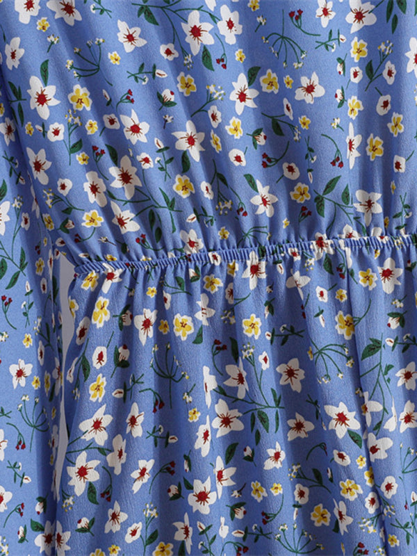 Floral Chiffon Long Dress – Waist-Defining, Round Neck, Long Sleeve
