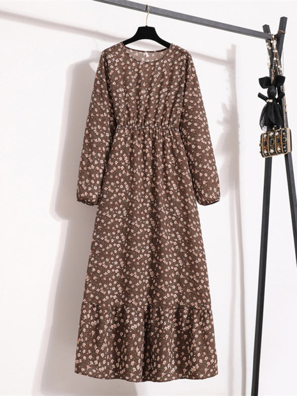 Floral Chiffon Long Dress – Waist-Defining, Round Neck, Long Sleeve