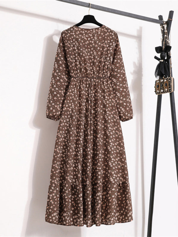 Floral Chiffon Long Dress – Waist-Defining, Round Neck, Long Sleeve