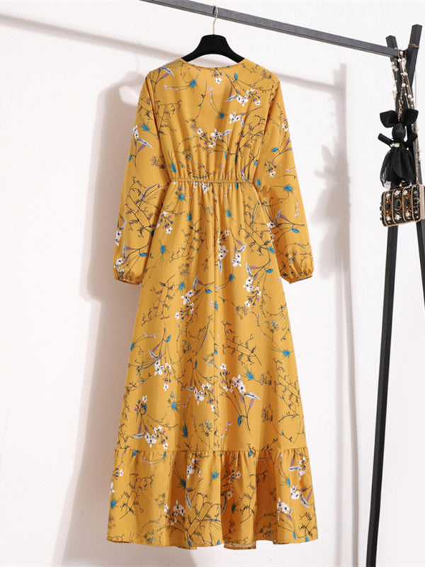 Floral Chiffon Long Dress – Waist-Defining, Round Neck, Long Sleeve
