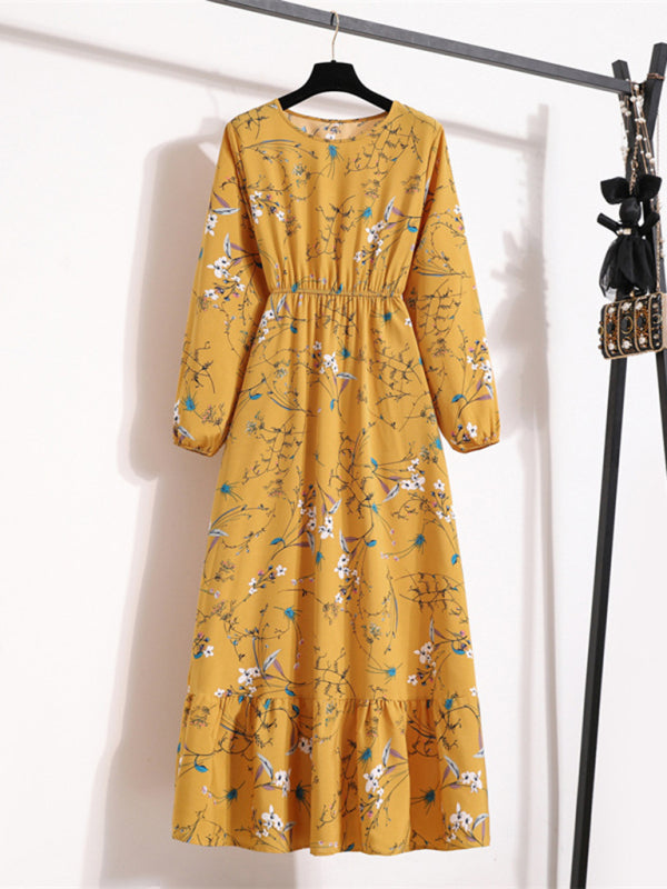 Floral Chiffon Long Dress – Waist-Defining, Round Neck, Long Sleeve