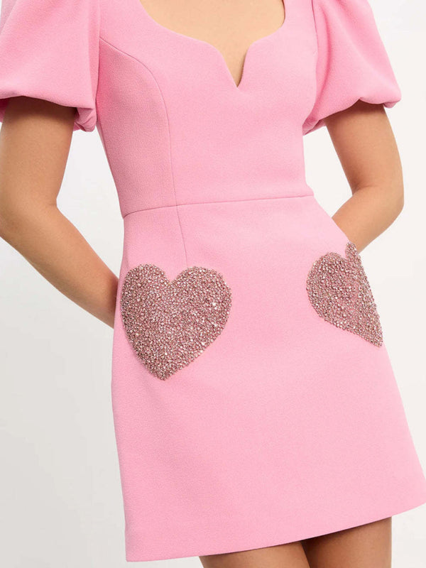 Sweet V-Neck Puff Sleeve Sequin Mini Dress – Pink Party Look