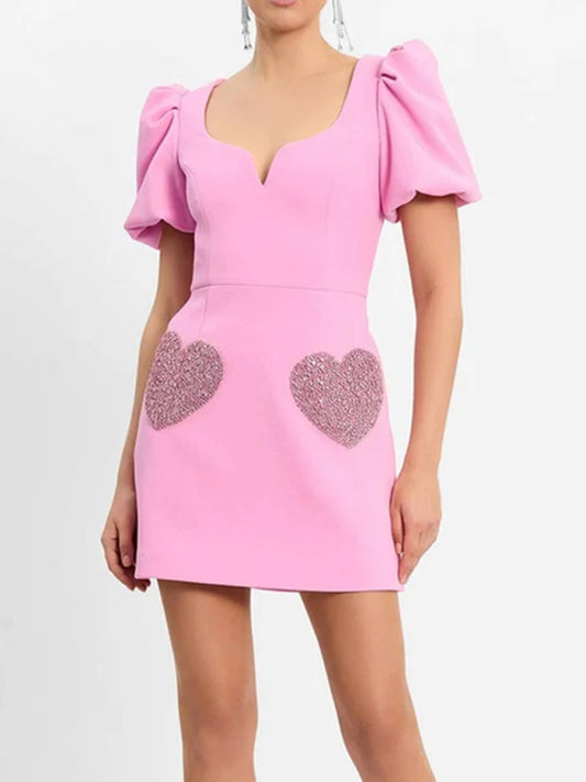 Sweet V-Neck Puff Sleeve Sequin Mini Dress – Pink Party Look