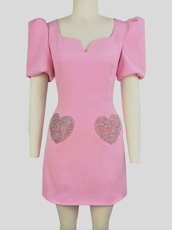 Sweet V-Neck Puff Sleeve Sequin Mini Dress – Pink Party Look