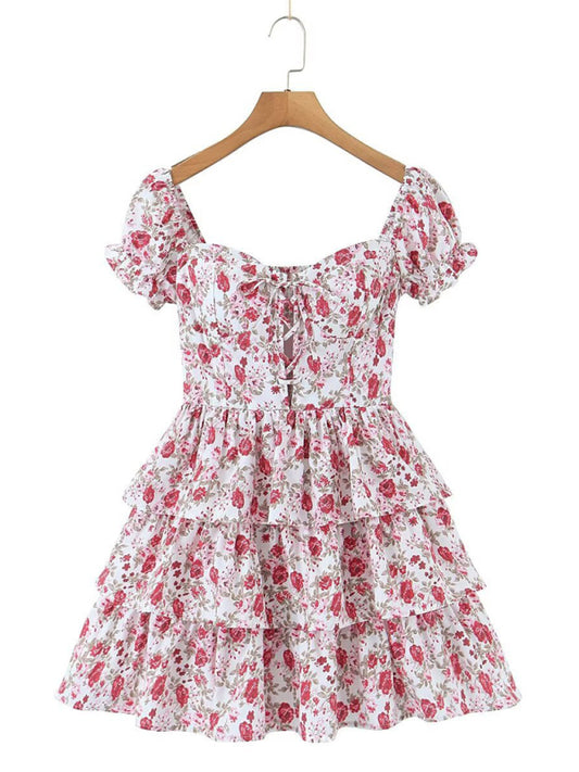 Floral One-Shoulder Puff Cake Mini Dress – Romantic Spring Style
