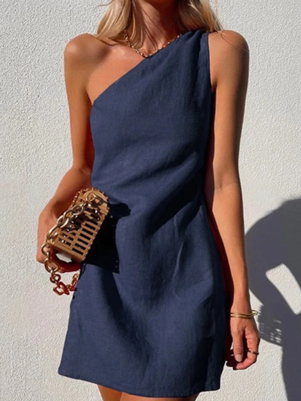 Solid Slant Shoulder Casual Dress – Lightweight, Relaxed Fit for Spring & Summer