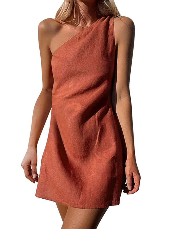 Solid Slant Shoulder Casual Dress – Lightweight, Relaxed Fit for Spring & Summer