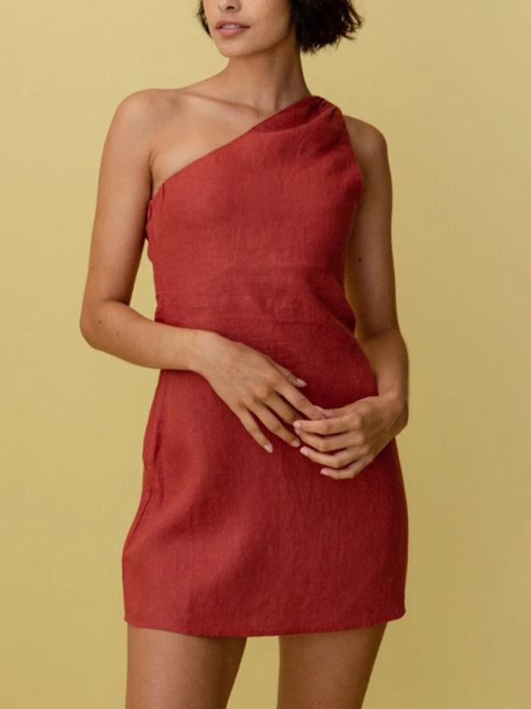 Solid Slant Shoulder Casual Dress – Lightweight, Relaxed Fit for Spring & Summer