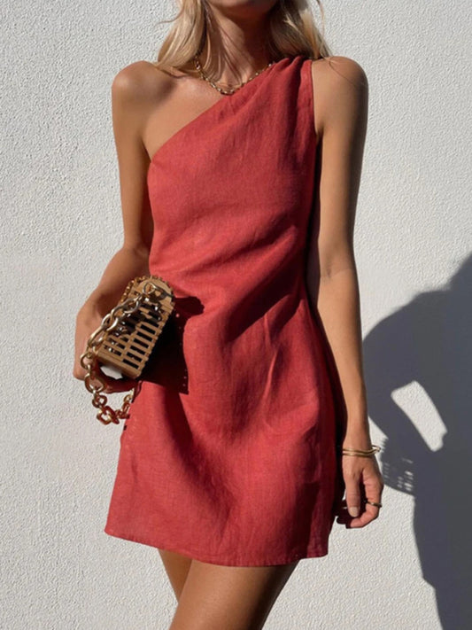 Solid Slant Shoulder Casual Dress – Lightweight, Relaxed Fit for Spring & Summer