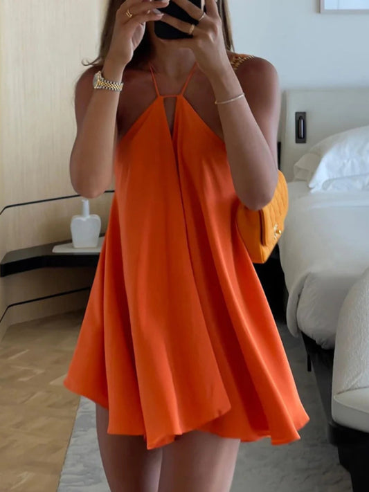 Deep V-Neck Backless A-Line Dress – Orange Spaghetti Strap Summer Dress