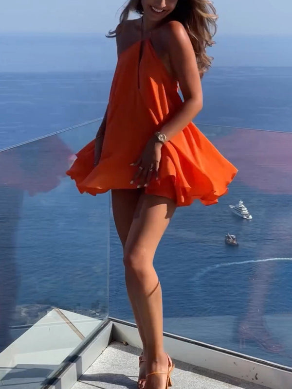 Deep V-Neck Backless A-Line Dress – Orange Spaghetti Strap Summer Dress