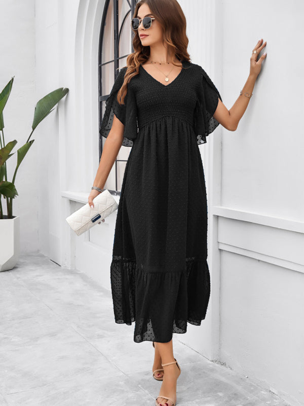 Solid Color V-Neck Midi Dress – Lightweight Jacquard Fabric | Sailing Maria