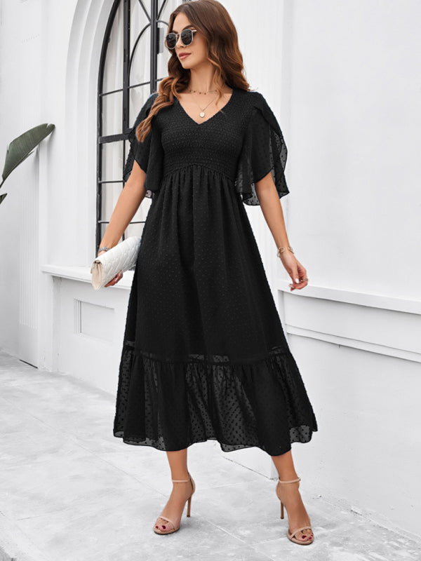 Solid Color V-Neck Midi Dress – Lightweight Jacquard Fabric | Sailing Maria