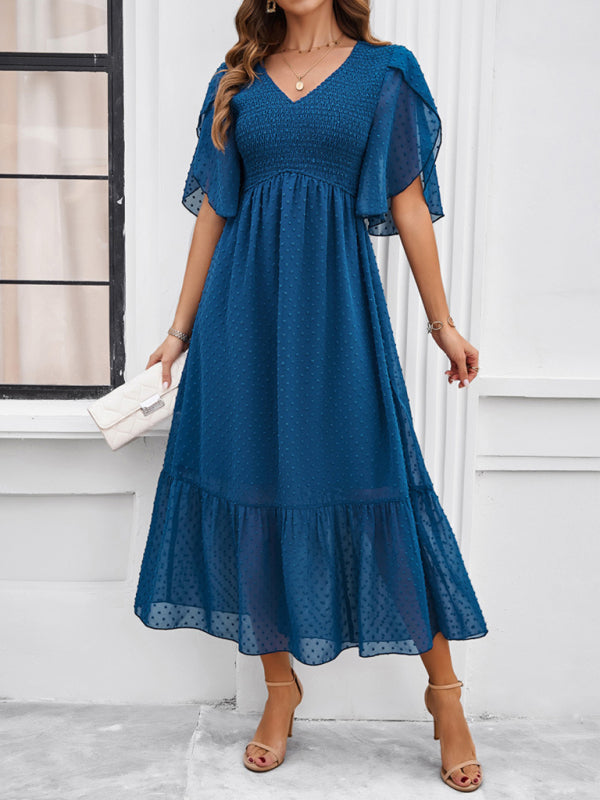 Solid Color V-Neck Midi Dress – Lightweight Jacquard Fabric | Sailing Maria