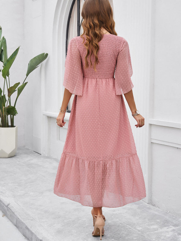 Solid Color V-Neck Midi Dress – Lightweight Jacquard Fabric | Sailing Maria