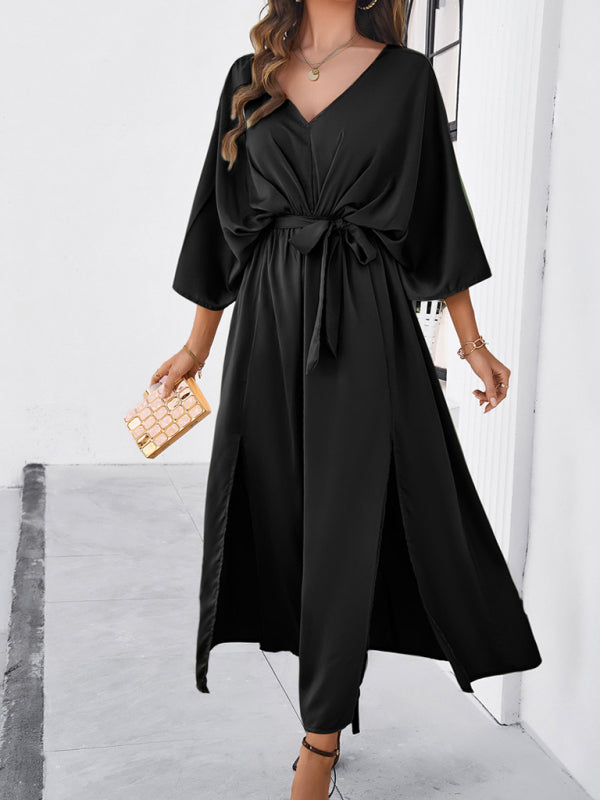 Elegantes, langes, lockeres Kleid mit V-Ausschnitt – Frühling/Sommer, gewebter Grace-Stil