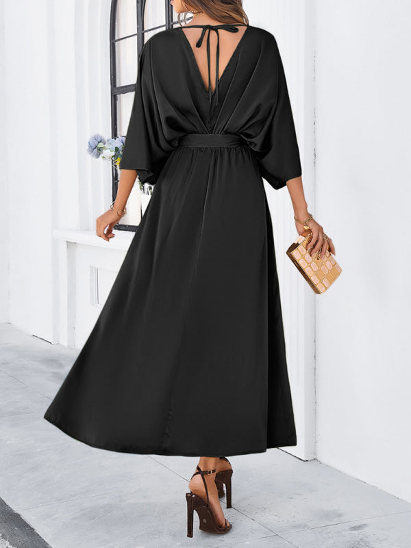 Elegantes, langes, lockeres Kleid mit V-Ausschnitt – Frühling/Sommer, gewebter Grace-Stil