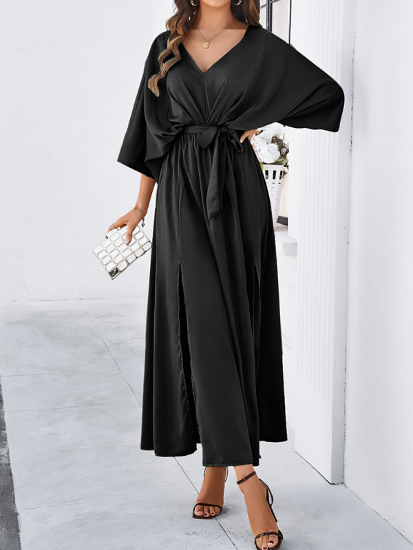 Elegantes, langes, lockeres Kleid mit V-Ausschnitt – Frühling/Sommer, gewebter Grace-Stil