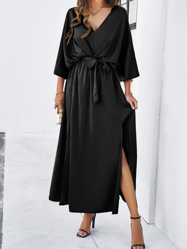 Elegantes, langes, lockeres Kleid mit V-Ausschnitt – Frühling/Sommer, gewebter Grace-Stil