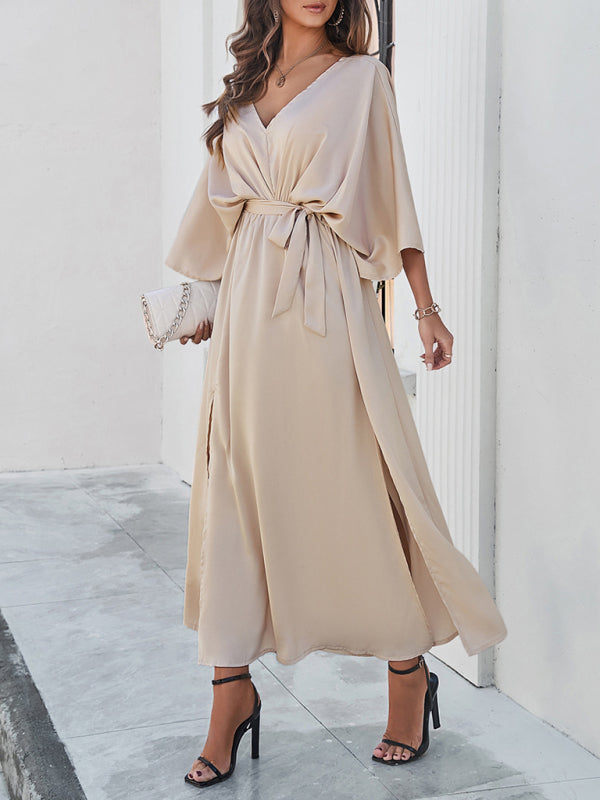Elegantes, langes, lockeres Kleid mit V-Ausschnitt – Frühling/Sommer, gewebter Grace-Stil
