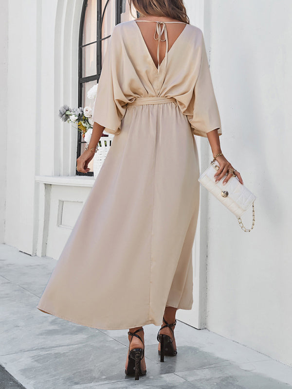 Elegantes, langes, lockeres Kleid mit V-Ausschnitt – Frühling/Sommer, gewebter Grace-Stil