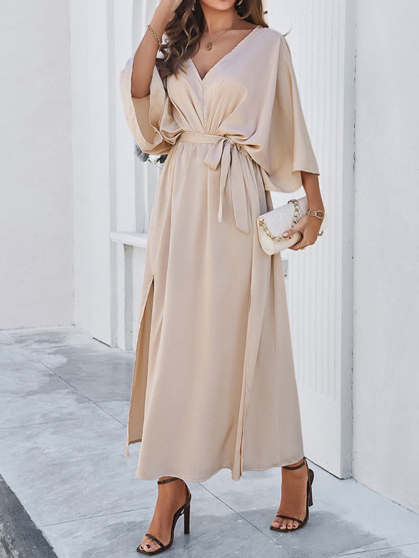 Elegantes, langes, lockeres Kleid mit V-Ausschnitt – Frühling/Sommer, gewebter Grace-Stil