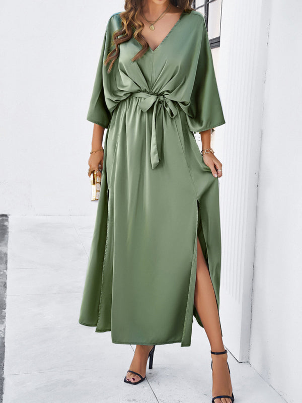 Elegantes, langes, lockeres Kleid mit V-Ausschnitt – Frühling/Sommer, gewebter Grace-Stil