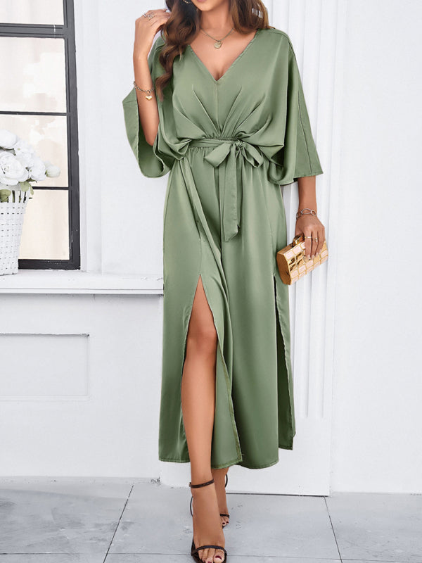 Elegantes, langes, lockeres Kleid mit V-Ausschnitt – Frühling/Sommer, gewebter Grace-Stil