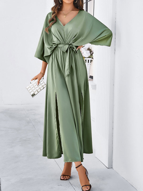 Elegantes, langes, lockeres Kleid mit V-Ausschnitt – Frühling/Sommer, gewebter Grace-Stil
