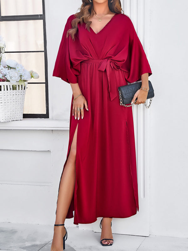 Elegantes, langes, lockeres Kleid mit V-Ausschnitt – Frühling/Sommer, gewebter Grace-Stil