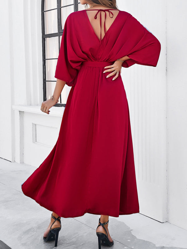 Elegantes, langes, lockeres Kleid mit V-Ausschnitt – Frühling/Sommer, gewebter Grace-Stil