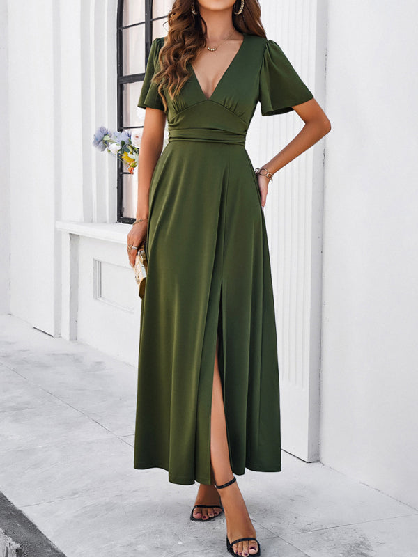 Solid V-Neck Maxi Dress – Waist-Cinching Fit, Elegant Woven Finish