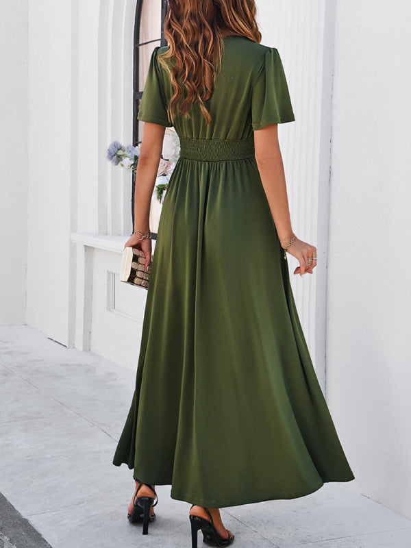 Solid V-Neck Maxi Dress – Waist-Cinching Fit, Elegant Woven Finish