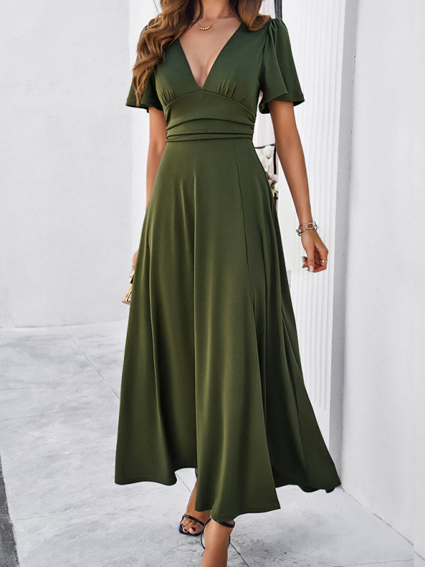 Solid V-Neck Maxi Dress – Waist-Cinching Fit, Elegant Woven Finish