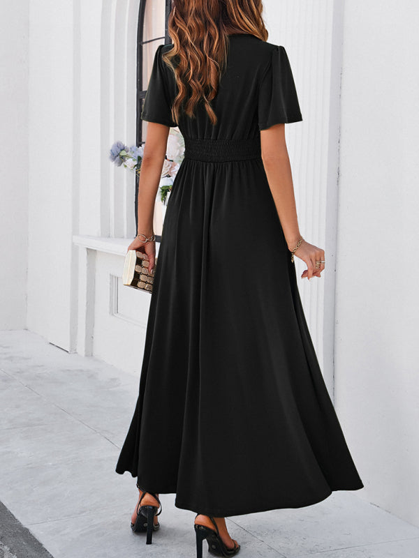 Solid V-Neck Maxi Dress – Waist-Cinching Fit, Elegant Woven Finish