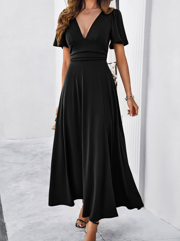 Solid V-Neck Maxi Dress – Waist-Cinching Fit, Elegant Woven Finish