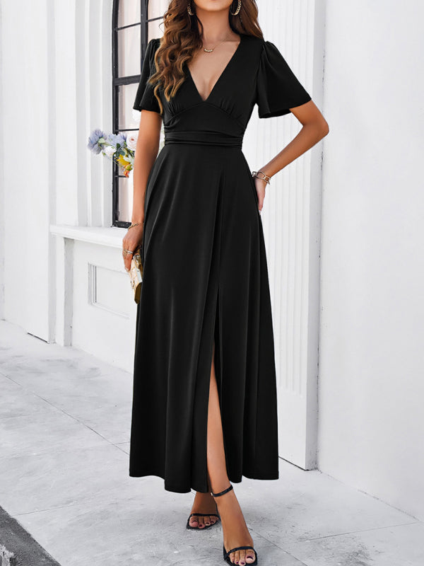 Solid V-Neck Maxi Dress – Waist-Cinching Fit, Elegant Woven Finish