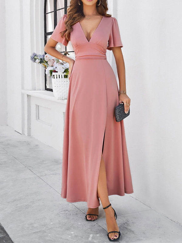 Solid V-Neck Maxi Dress – Waist-Cinching Fit, Elegant Woven Finish