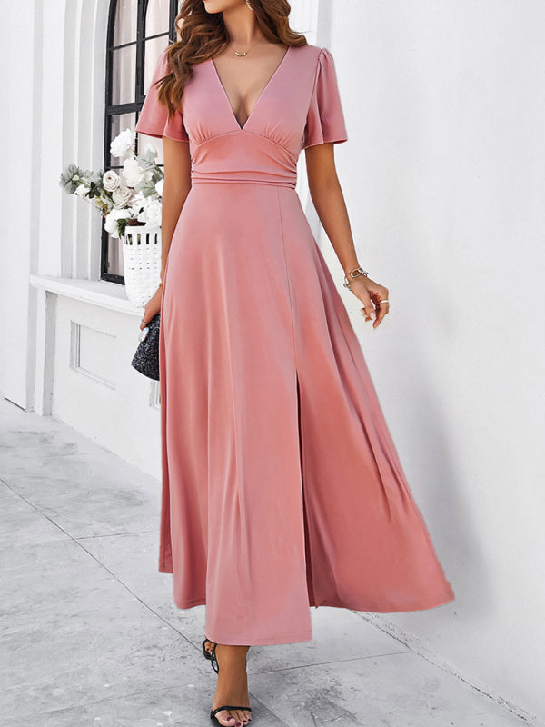 Solid V-Neck Maxi Dress – Waist-Cinching Fit, Elegant Woven Finish