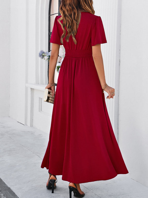 Solid V-Neck Maxi Dress – Waist-Cinching Fit, Elegant Woven Finish