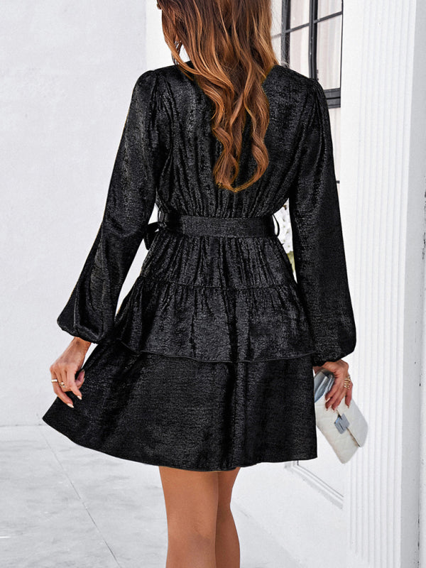 Glossy V-Neck Long-Sleeve Waist-Tie Dress – Solid Color Elegance