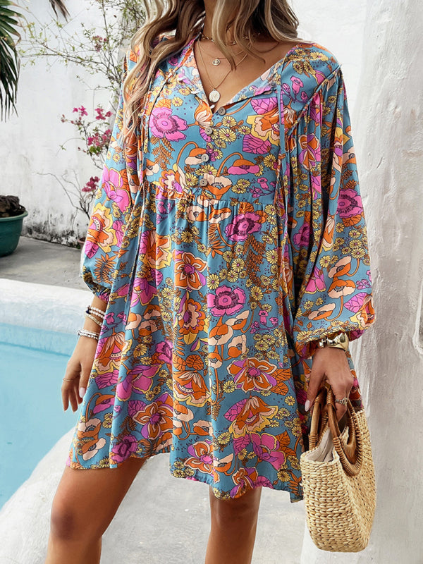Boho V-Neck Printed Midi Dress