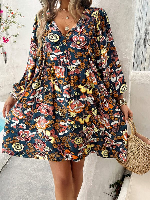 Boho V-Neck Printed Midi Dress