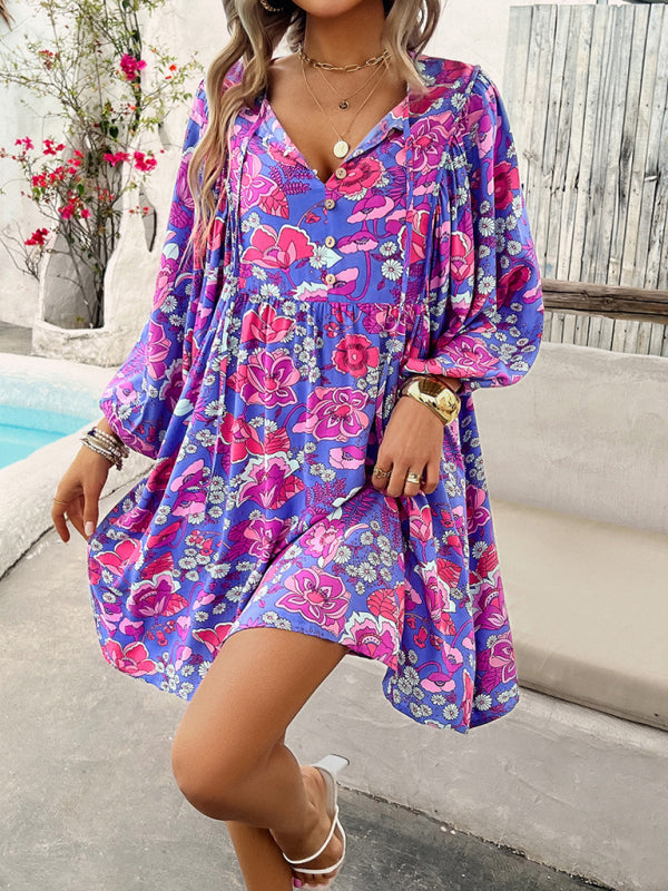 Boho V-Neck Printed Midi Dress