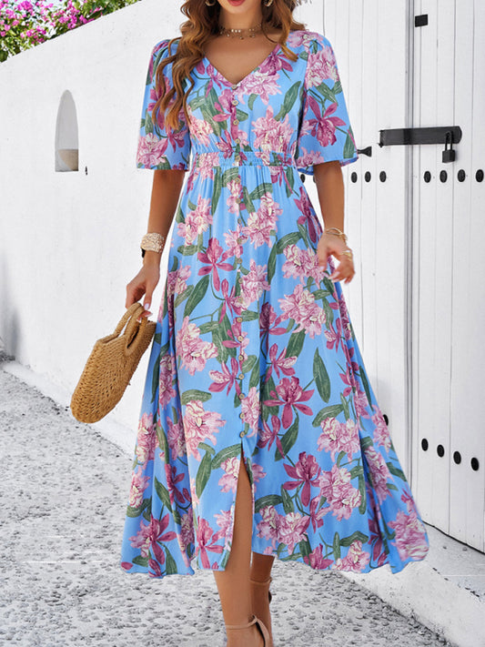 Romantic Floral Slit Maxi Dress – Spring & Summer Vacation Style