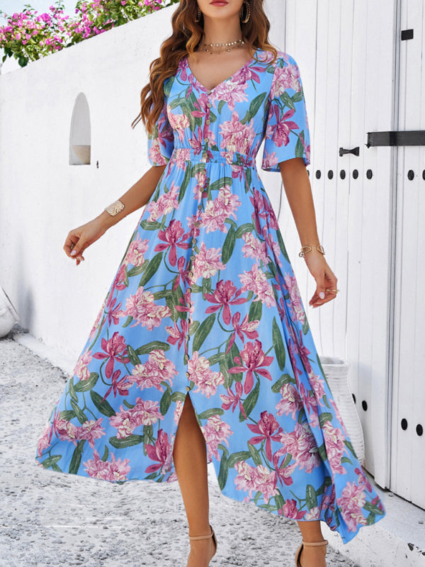 Romantic Floral Slit Maxi Dress – Spring & Summer Vacation Style