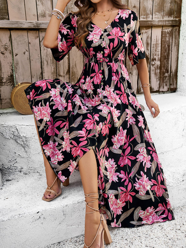 Romantic Floral Slit Maxi Dress – Spring & Summer Vacation Style