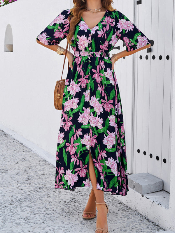 Romantic Floral Slit Maxi Dress – Spring & Summer Vacation Style