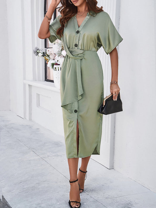 Solid V-Neck Short Sleeve Dress – Elegant Spring Summer Midi