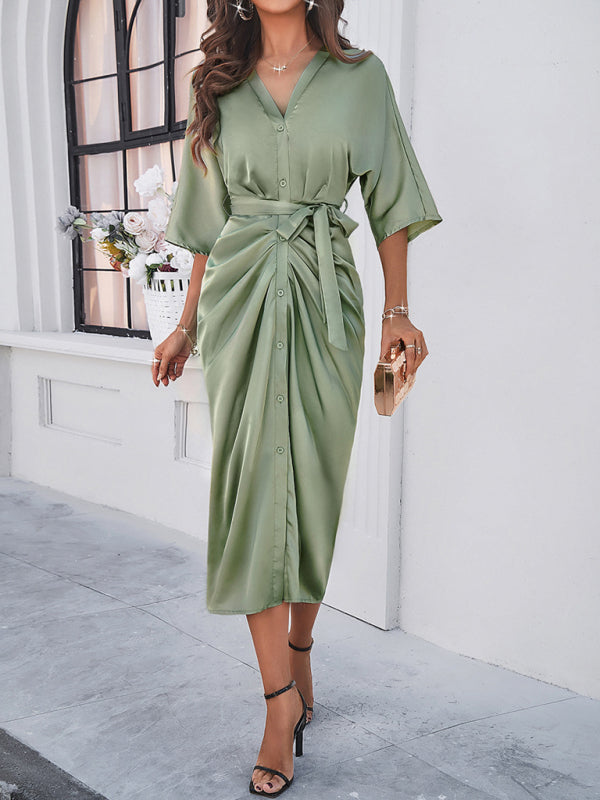 Elegant Solid Color Waist-Cinching Dress – Graceful Spring-Summer Style